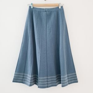 Vintage C&A Long Pleated Blue Skirt White Trim